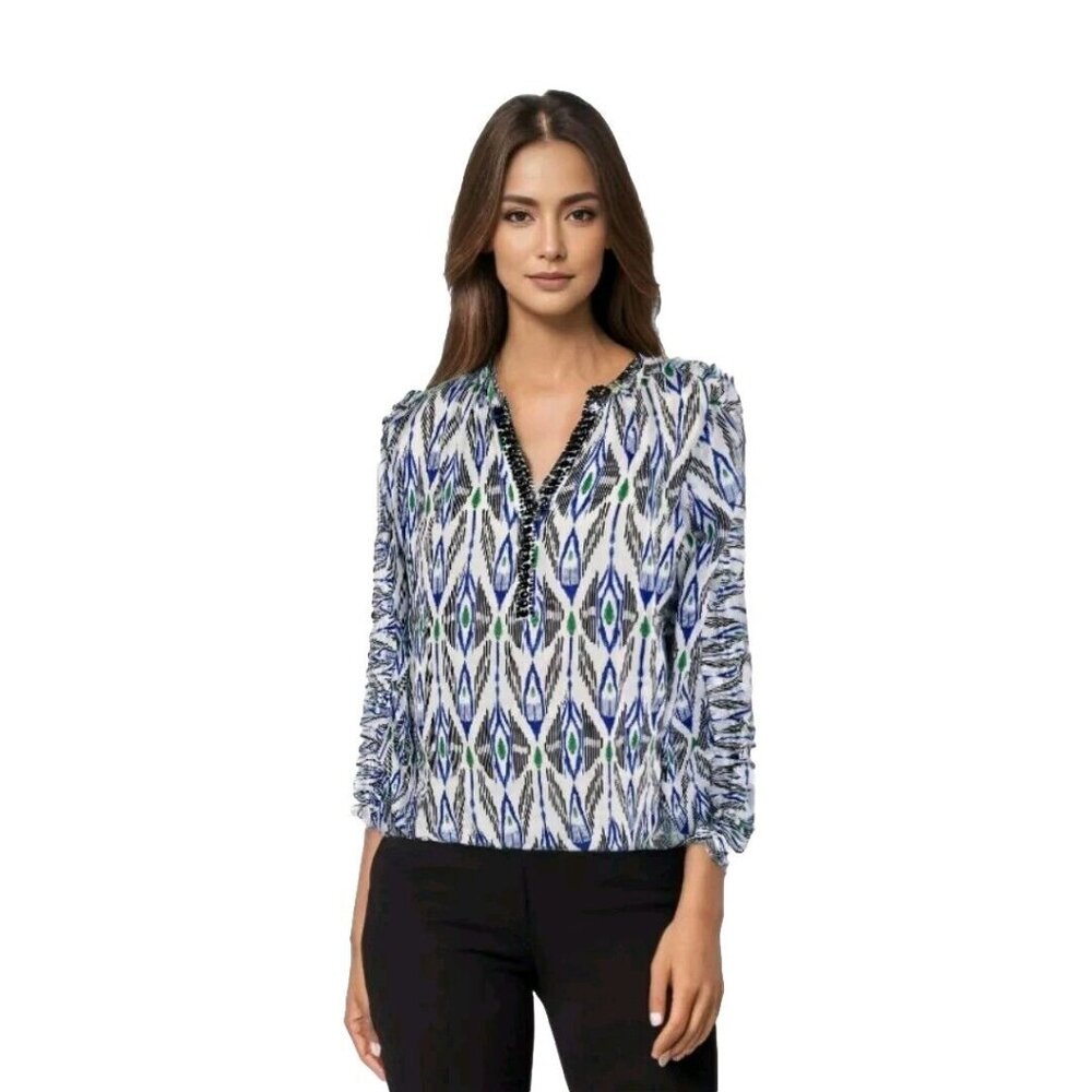 Chicos 2 40th Anniversary Ikat Ramie Blouse Womens 12 Gauzy Ruffle Beach Coastal